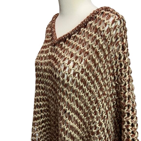 Willow & Clay Poncho M Brown Open Crochet Knit Fringe Oversized Boho Chunky Cozy - Picture 4 of 14
